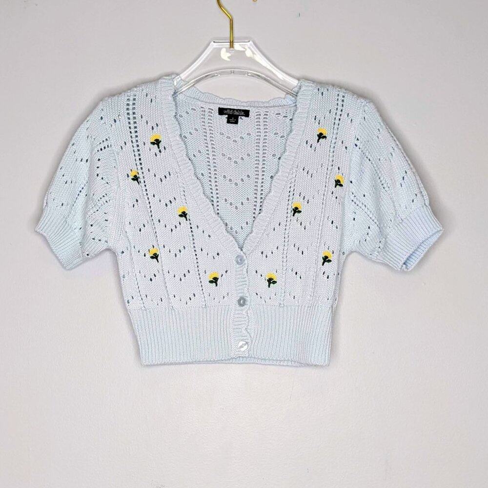 Wild Fable Pastel Blue Short Sleeve Floral Embroidered Cardigan Short Sleeve S